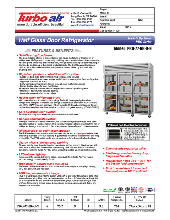 Turbo Air PRO-77-6R-G-N 77 3/4" Three Section Reach In Refrigerator, (6) Left/Right Hinge Glass Doors, 115v - Donut-Supplies.Com