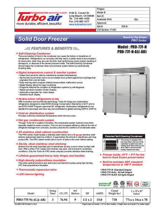 Turbo Air PRO-77F-N 78" Premiere Pro Series Solid Door Reach in Freezer - Donut-Supplies.Com