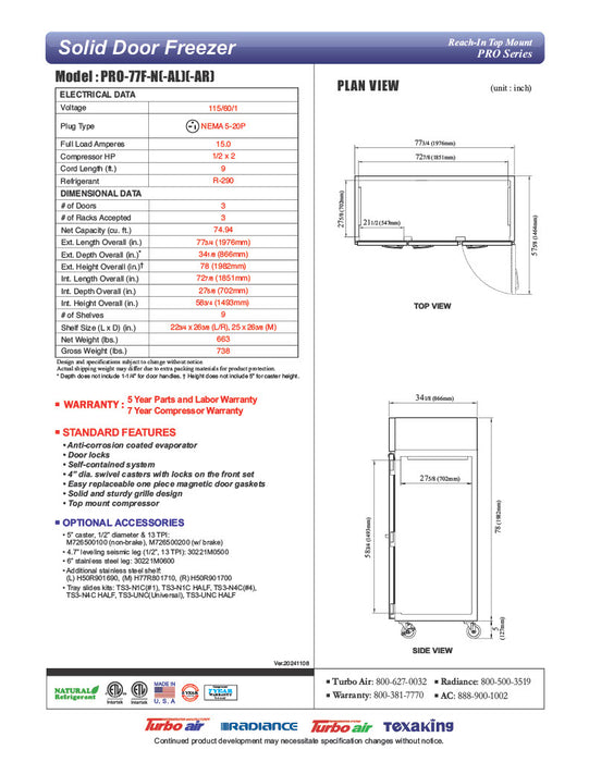 Turbo Air PRO-77F-N 78" Premiere Pro Series Solid Door Reach in Freezer - Donut-Supplies.Com