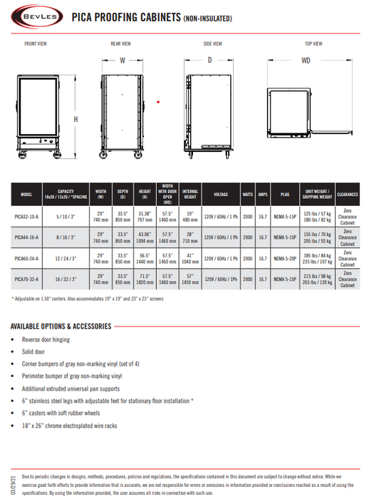 Bevles Model: PICA70-32-A-4R2 Right Hand Hinge Single Door (Non-Insulated) Proofing Cabinet 230V