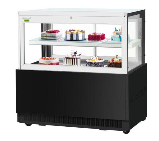 Turbo Air TBP60-46FN-B 59" Straight Glass Refrigerated Bakery Display Case, 2 Levels, Black Exterior, Lift-Up Front Glass, 115v - Donut-Supplies.Com