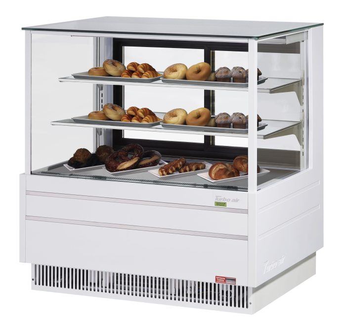 Turbo Air TCGB-48UF-DR-W 48" Straight Glass Full-Service Dry Bakery Display Case, 3 Levels, White Exterior, 115v - Donut-Equipment.com