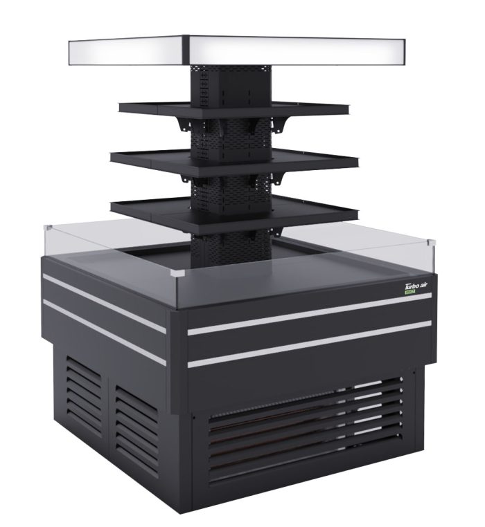 Turbo Air TIOM-48CCB-N 48" Square Island Open Air Cooler w/ (4) Display Shelves, Black Exterior, 220v - Donut-Equipment.com