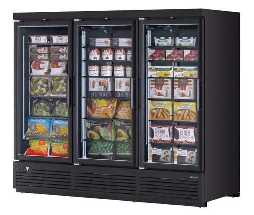 Turbo Air TJMF-85SDB-N 97 1/2" Black Super Deluxe Three Section Glass Door Display Freezer – (3) Swing Doors, 115v - Donut-Supplies.Com