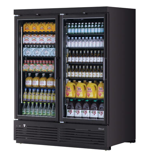Turbo Air TJMR-55SDB-N 65 1/8" Black Super Deluxe Two Section Glass Door Merchandiser – (2) Swing Doors, 115v - Donut-Supplies.Com