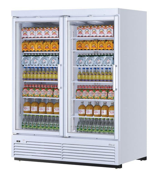 Turbo Air TJMR-55SDW-N 65 1/8" White Super Deluxe Two Section Glass Door Merchandiser – (2) Swing Doors, 115v - Donut-Supplies.Com