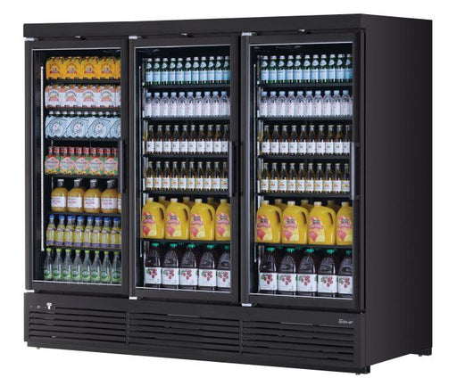 Turbo Air TJMR-85SDB-N 97 1/2" Black Super Deluxe Three Section Glass Door Merchandiser – (3) Swing Doors, 115v - Donut-Supplies.Com