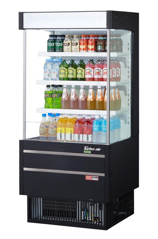 Turbo Air TOM-25MSEB-N 28" Black Narrow Depth Vertical Open Air Cooler / Air Curtain Display Case with (4) Levels, 115v - Donut-Supplies.Com