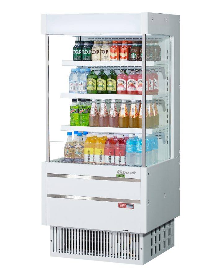 Turbo Air TOM-25MSEW-N 28" White Narrow Depth Vertical Open Air Cooler / Air Curtain Display Case with (4) Levels, 115v - Donut-Equipment.com