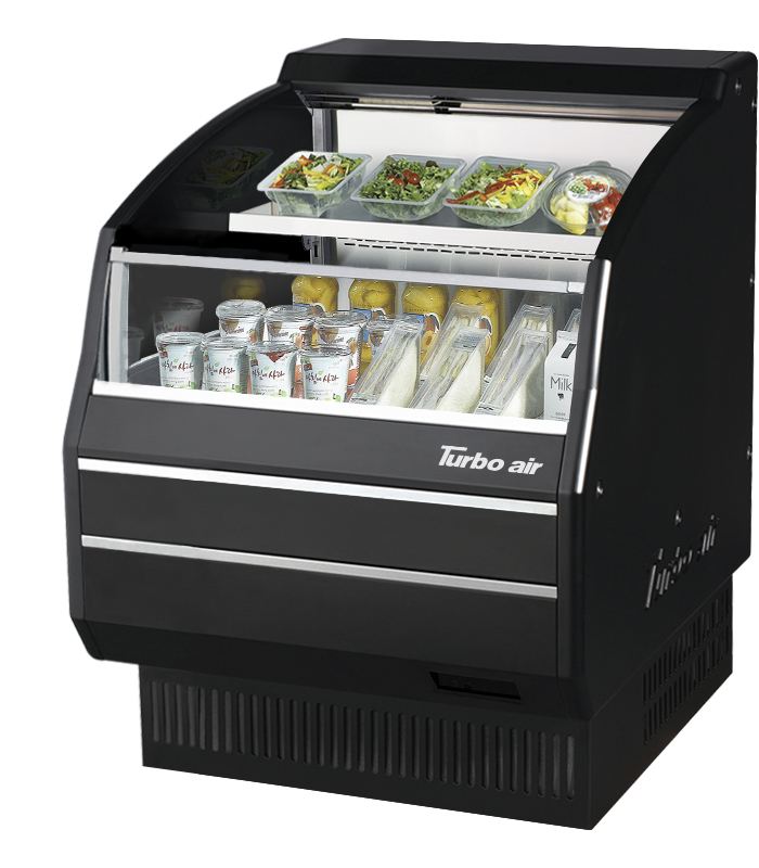 Turbo Air TOM-30LB-SP-N 28 1/8" Black Low Profile Horizontal Open Air Cooler – Refrigerated Curtain Merchandiser w/ (2) Levels, 115v - Donut-Equipment.com