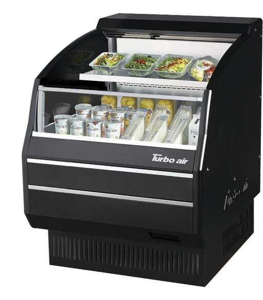 Turbo Air TOM-30LB-SP-N 28 1/8" Black Low Profile Horizontal Open Air Cooler – Refrigerated Curtain Merchandiser w/ (2) Levels, 115v - Donut-Supplies.Com