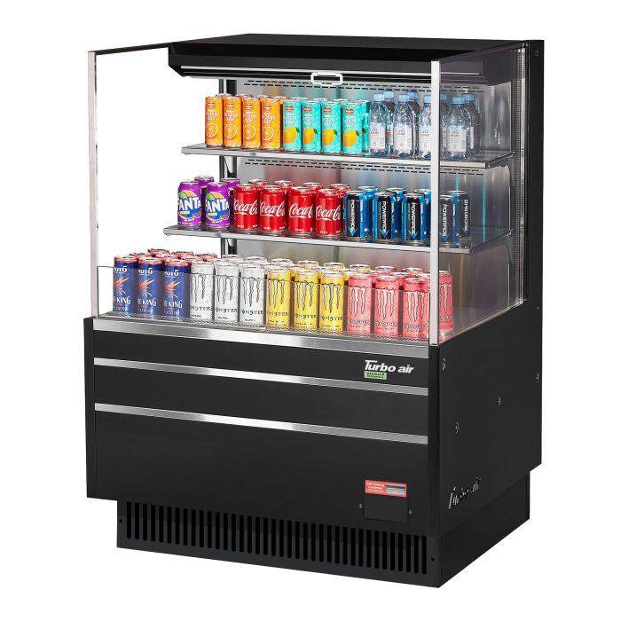 Turbo Air TOM-36L-UF-B-3S-N 34 3/4" Black Low Profile Horizontal Open Air Cooler w/ (3) Levels – Ultra Front Merchandiser, 115v - Donut-Supplies.Com