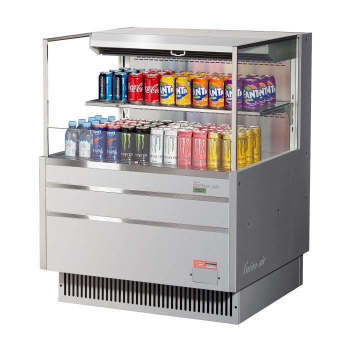 Turbo Air TOM-36L-UFD-S-2S-N 34 3/4" Stainless Steel Low Profile Horizontal Open Air Cooler w/ (2) Levels – Ultra Front Merchandiser, 115v - Donut-Equipment.com