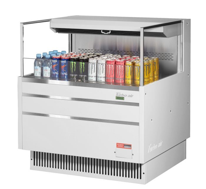 Turbo Air TOM-36L-UF-W-1S-N 34 3/4" White Low Profile Horizontal Open Air Cooler w/ (1) Level – Ultra Front Merchandiser, 115v - Donut-Equipment.com