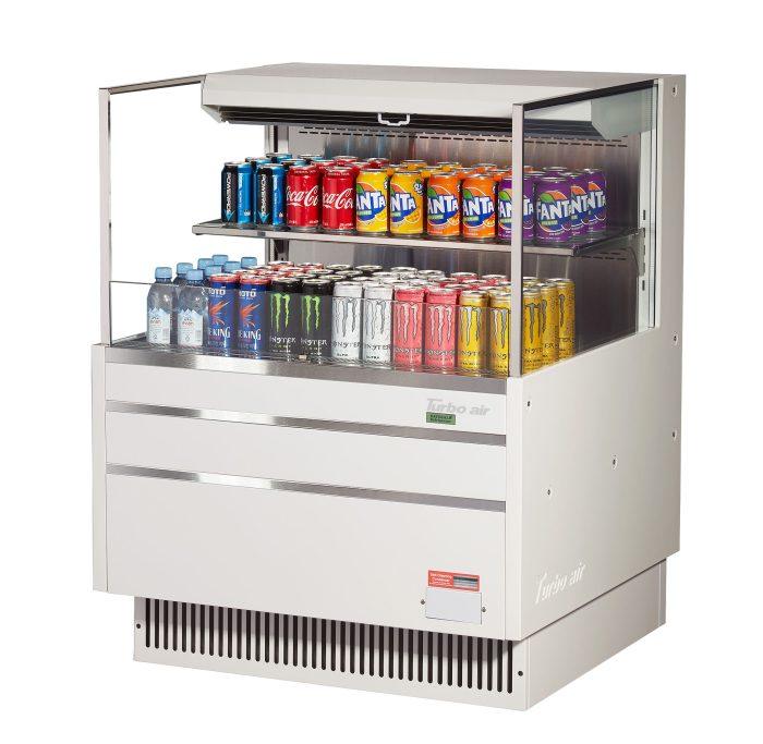 Turbo Air TOM-36L-UF-W-2S-N 34 3/4" White Low Profile Horizontal Open Air Cooler w/ (2) Levels – Ultra Front Merchandiser, 115v - Donut-Equipment.com
