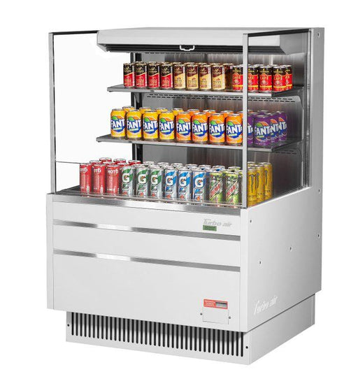 Turbo Air TOM-36L-UF-W-3S-N 34 3/4" White Low Profile Horizontal Open Air Cooler w/ (3) Levels – Ultra Front Merchandiser, 115v - Donut-Supplies.Com