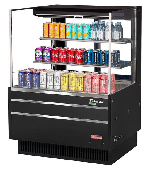 Turbo Air TOM-36L-UFD-B-3S-N 34 3/4" Black Low Profile Horizontal Open Air Cooler w/ (3) Levels – Ultra Front Deluxe Merchandiser, 115v - Donut-Supplies.Com