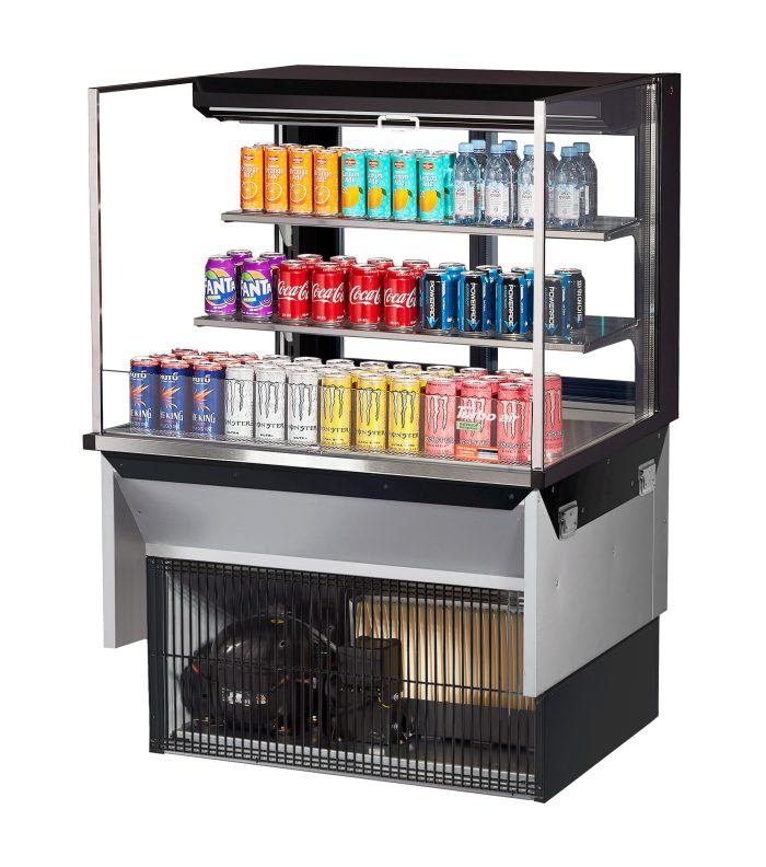Turbo Air TOM-36L-UFD-B-3SI-N 36" Drop-In Horizontal Open Air Cooler w/ (3) Levels – Black Exterior, 115v - Donut-Equipment.com