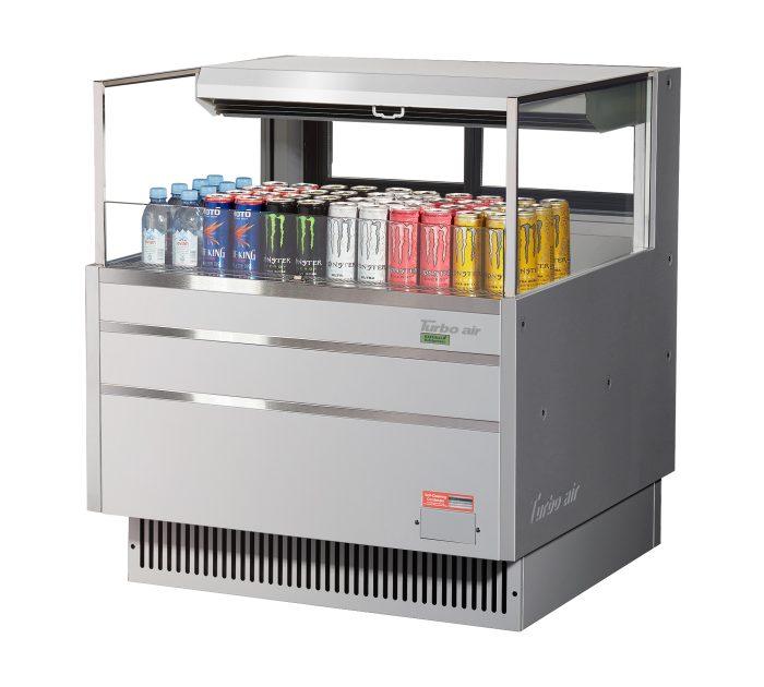 Turbo Air TOM-36L-UFD-S-1S-N 34 3/4" Stainless Steel Low Profile Horizontal Open Air Cooler w/ (1) Level – Ultra Front Deluxe Merchandiser, 115v - Donut-Equipment.com