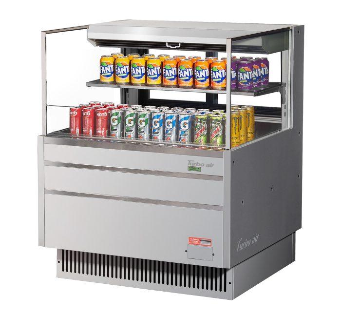 Turbo Air TOM-36L-UFD-S-2S-N 34 3/4" Stainless Steel Low Profile Horizontal Open Air Cooler w/ (2) Levels – Ultra Front Deluxe Merchandiser, 115v - Donut-Supplies.Com