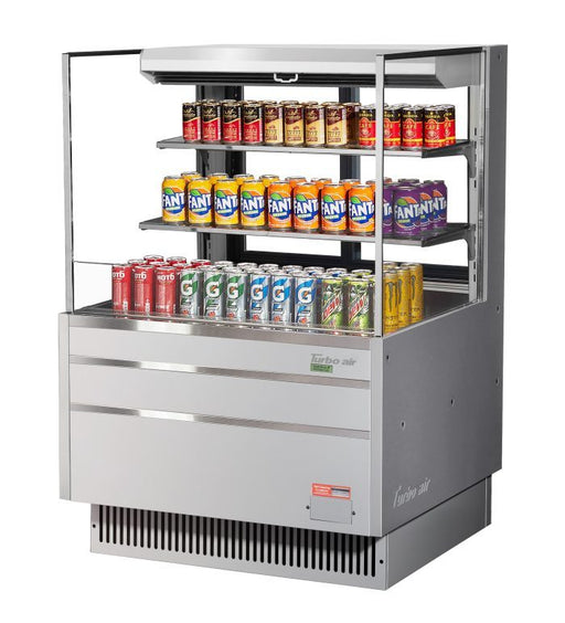 Turbo Air TOM-36L-UFD-S-3S-N 34 3/4" Stainless Steel Low Profile Horizontal Open Air Cooler w/ (3) Levels – Ultra Front Deluxe Merchandiser, 115v - Donut-Supplies.Com