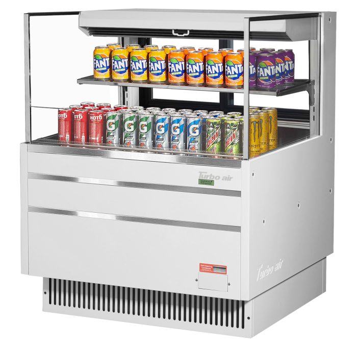 Turbo Air TOM-36L-UFD-W-2S-N 34 3/4" White Low Profile Horizontal Open Air Cooler w/ (2) Levels – Ultra Front Deluxe Merchandiser, 115v - Donut-Equipment.com