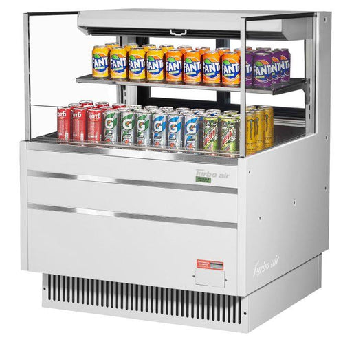 Turbo Air TOM-36L-UFD-W-2S-N 34 3/4" White Low Profile Horizontal Open Air Cooler w/ (2) Levels – Ultra Front Deluxe Merchandiser, 115v - Donut-Supplies.Com