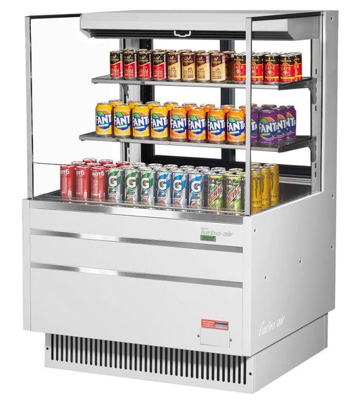 Turbo Air TOM-36L-UFD-W-3S-N 34 3/4" White Low Profile Horizontal Open Air Cooler w/ (3) Levels – Ultra Front Deluxe Merchandiser, 115v - Donut-Supplies.Com