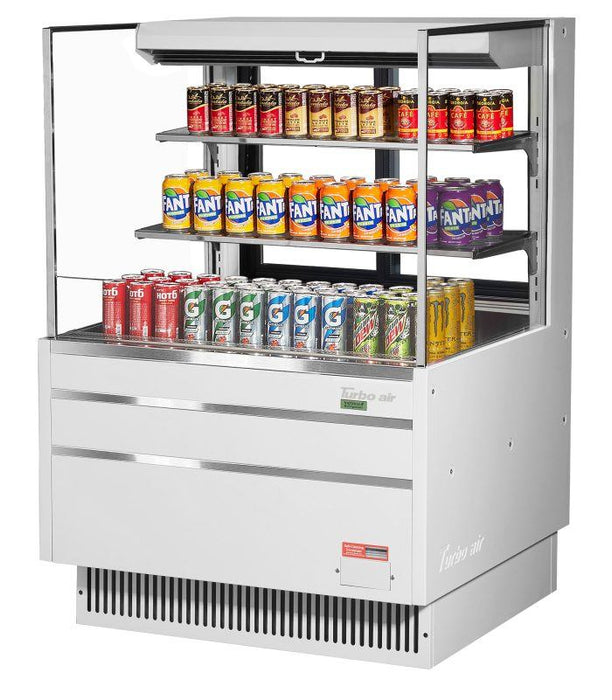 Turbo Air TOM-36L-UFD-W-3S-N 34 3/4" White Low Profile Horizontal Open Air Cooler w/ (3) Levels – Ultra Front Deluxe Merchandiser, 115v - Donut-Supplies.Com