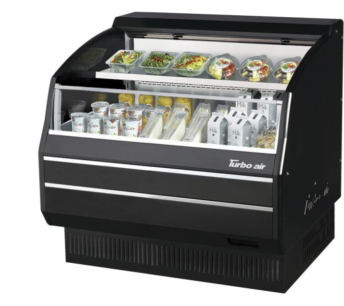 Turbo Air TOM-40LB-SP-N 39 1/8" Black Low Profile Horizontal Open Air Cooler – Refrigerated Curtain Merchandiser w/ (2) Levels, 115v - Donut-Supplies.Com