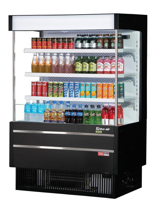 Turbo Air TOM-40MSEB-N 39 3/8" Black Narrow Depth Vertical Open Air Cooler / Air Curtain Display Case with (4) Levels, 115v - Donut-Supplies.Com