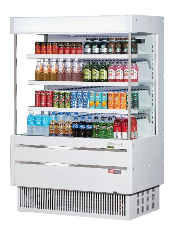 Turbo Air TOM-40MSEW-N 39 3/8" White Narrow Depth Vertical Open Air Cooler / Air Curtain Display Case with (4) Levels, 115v - Donut-Equipment.com