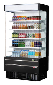 Turbo Air TOM-40SEB-N 39 7/8" Black Narrow Depth Vertical Open Air Cooler / Air Curtain Display Case with (5) Levels, 115v - Donut-Equipment.com