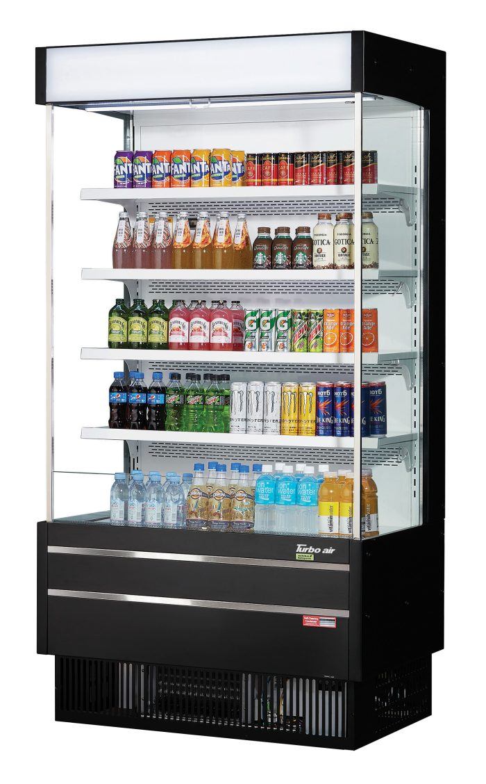 Turbo Air TOM-40SEB-N 39 7/8" Black Narrow Depth Vertical Open Air Cooler / Air Curtain Display Case with (5) Levels, 115v - Donut-Equipment.com