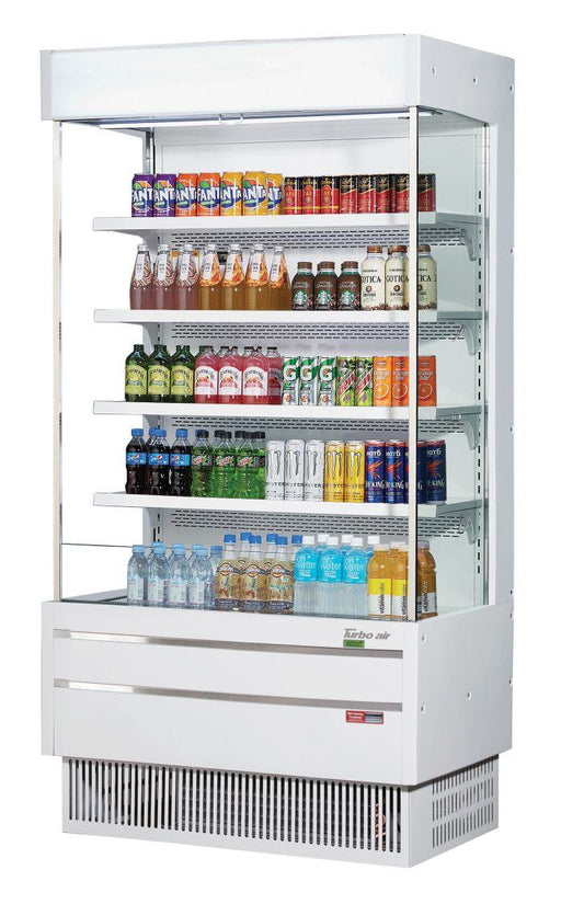 Turbo Air TOM-40SEW-N 39 7/8" White Narrow Depth Vertical Open Air Cooler / Air Curtain Display Case with (5) Levels, 115v - Donut-Supplies.Com
