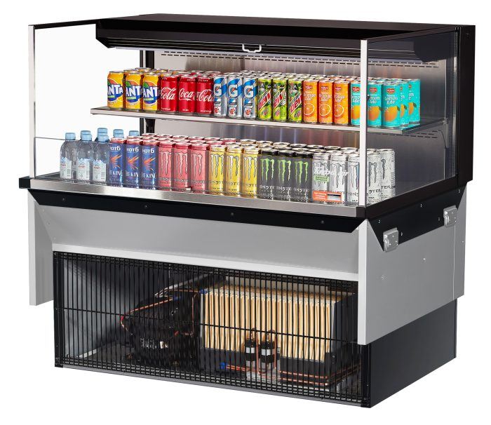 Turbo Air TOM-48L-UF-B-2SI-N 47 7/8" Drop-In Horizontal Open Air Cooler w/ (2) Levels – Black Exterior, 115v - Donut-Equipment.com