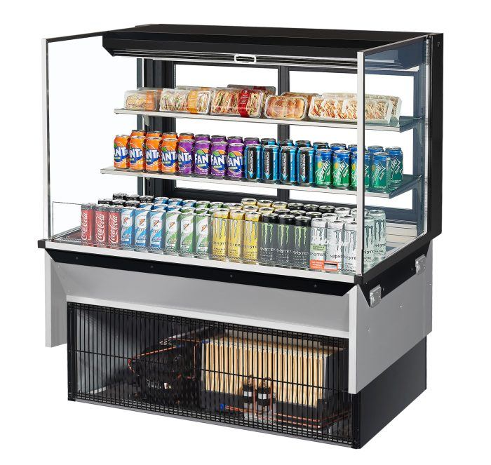 Turbo Air TOM-48L-UFD-B-3SI-N 48" Drop-In Horizontal Open Air Cooler w/ (3) Levels – Black Exterior, 115v - Donut-Supplies.Com