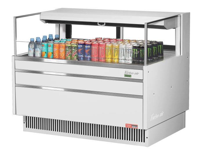 Turbo Air TOM-48L-UFD-W-1S-N 46 3/4" White Low Profile Horizontal Open Air Cooler w/ (1) Level – Ultra Front Deluxe Merchandiser, 115v - Donut-Supplies.Com