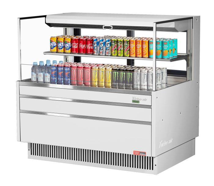 Turbo Air TOM-48L-UFD-W-2S-N 46 3/4" White Low Profile Horizontal Open Air Cooler w/ (2) Levels – Ultra Front Deluxe Merchandiser, 115v - Donut-Equipment.com