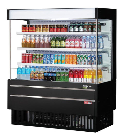 Turbo Air TOM-50MSEB-N 51 1/8" Black Narrow Depth Vertical Open Air Cooler / Air Curtain Display Case with (4) Levels, 115v - Donut-Supplies.Com