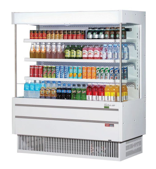 Turbo Air TOM-50MSEW-N 51 1/8" White Narrow Depth Vertical Open Air Cooler / Air Curtain Display Case with (4) Levels, 115v - Donut-Supplies.Com