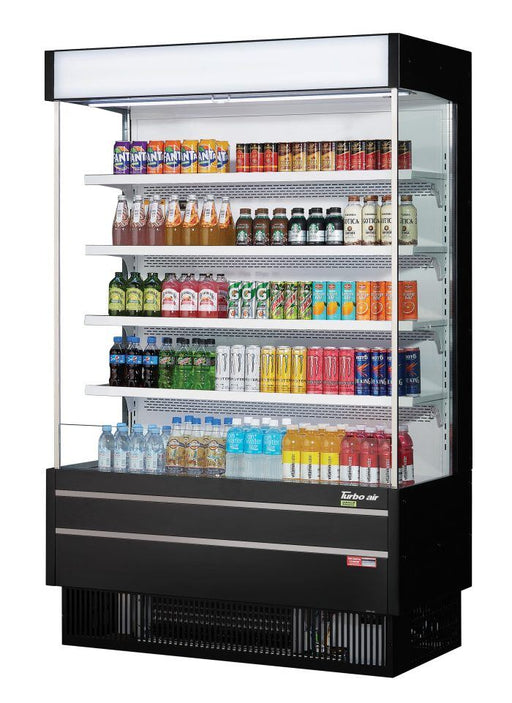 Turbo Air TOM-50SEB-N 51 5/8" Black Narrow Depth Vertical Open Air Cooler / Air Curtain Display Case with (5) Levels, 115v - Donut-Supplies.Com