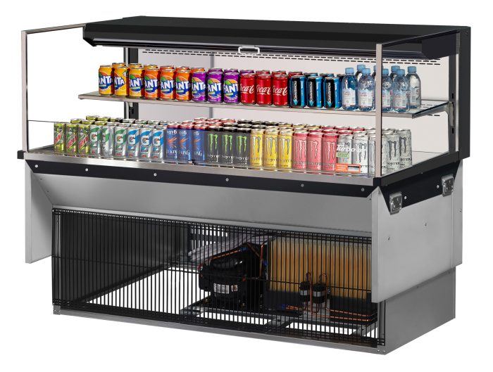 Turbo Air TOM-60L-UF-B-2SI-N 59 7/8" Drop-In Horizontal Open Air Cooler w/ (2) Levels – Black Exterior, 115v - Donut-Equipment.com