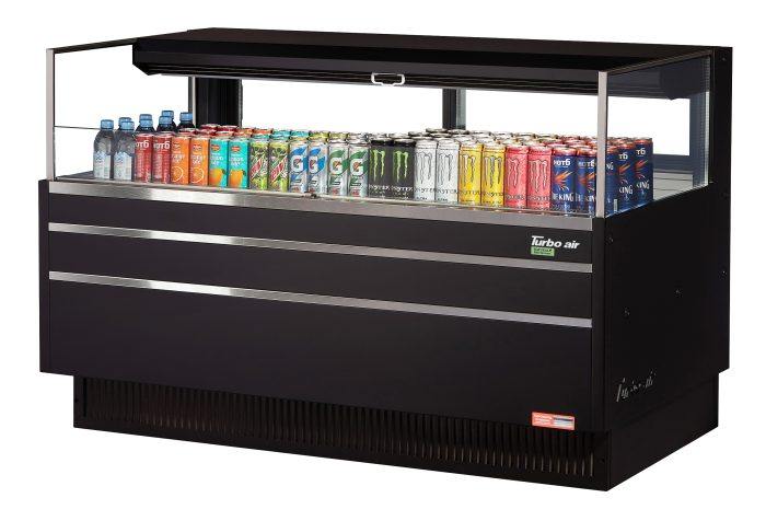 Turbo Air TOM-60L-UFD-B-1S-N 58 3/4" Black Low Profile Horizontal Open Air Cooler w/ (1) Level – Ultra Front Deluxe Merchandiser, 115v - Donut-Supplies.Com
