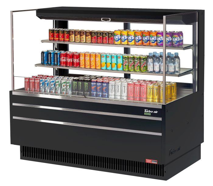 Turbo Air TOM-60L-UFD-B-3S-N 58 3/4" Black Low Profile Horizontal Open Air Cooler w/ (3) Levels – Ultra Front Deluxe Merchandiser, 115v - Donut-Supplies.Com
