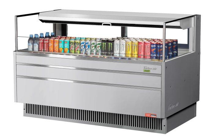 Turbo Air TOM-60L-UFD-S-1S-N 58 3/4" Stainless Steel Low Profile Horizontal Open Air Cooler w/ (1) Level – Ultra Front Deluxe Merchandiser, 115v - Donut-Equipment.com