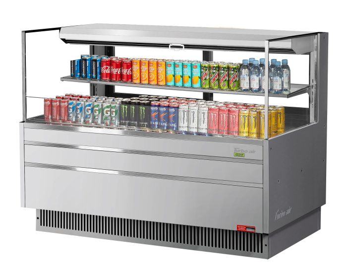 Turbo Air TOM-60L-UFD-S-2S-N 58 3/4" Stainless Steel Low Profile Horizontal Open Air Cooler w/ (2) Levels – Ultra Front Deluxe Merchandiser, 115v - Donut-Supplies.Com