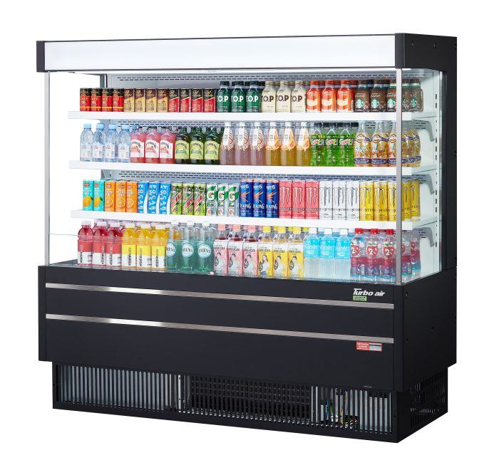Turbo Air TOM-60MSEB-N 63 1/4" Black Narrow Depth Vertical Open Air Cooler / Air Curtain Display Case with (4) Levels, 115v - Donut-Equipment.com