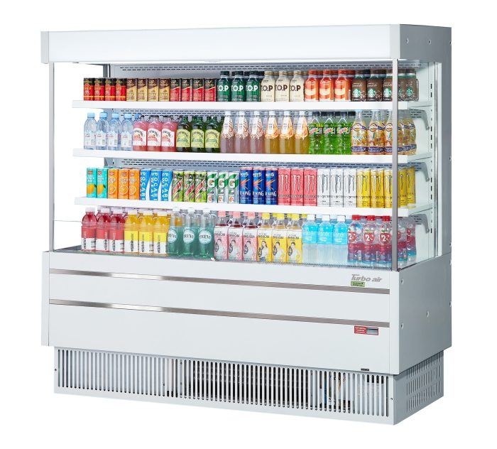 Turbo Air TOM-60MSEW-N 63 1/4" White Narrow Depth Vertical Open Air Cooler / Air Curtain Display Case with (4) Levels, 115v - Donut-Supplies.Com