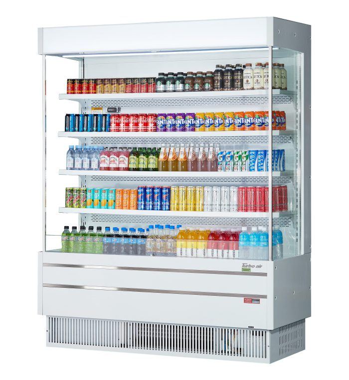 Turbo Air TOM-60SEW-N 64" White Narrow Depth Vertical Open Air Cooler / Air Curtain Display Case with (5) Levels, 115v - Donut-Equipment.com